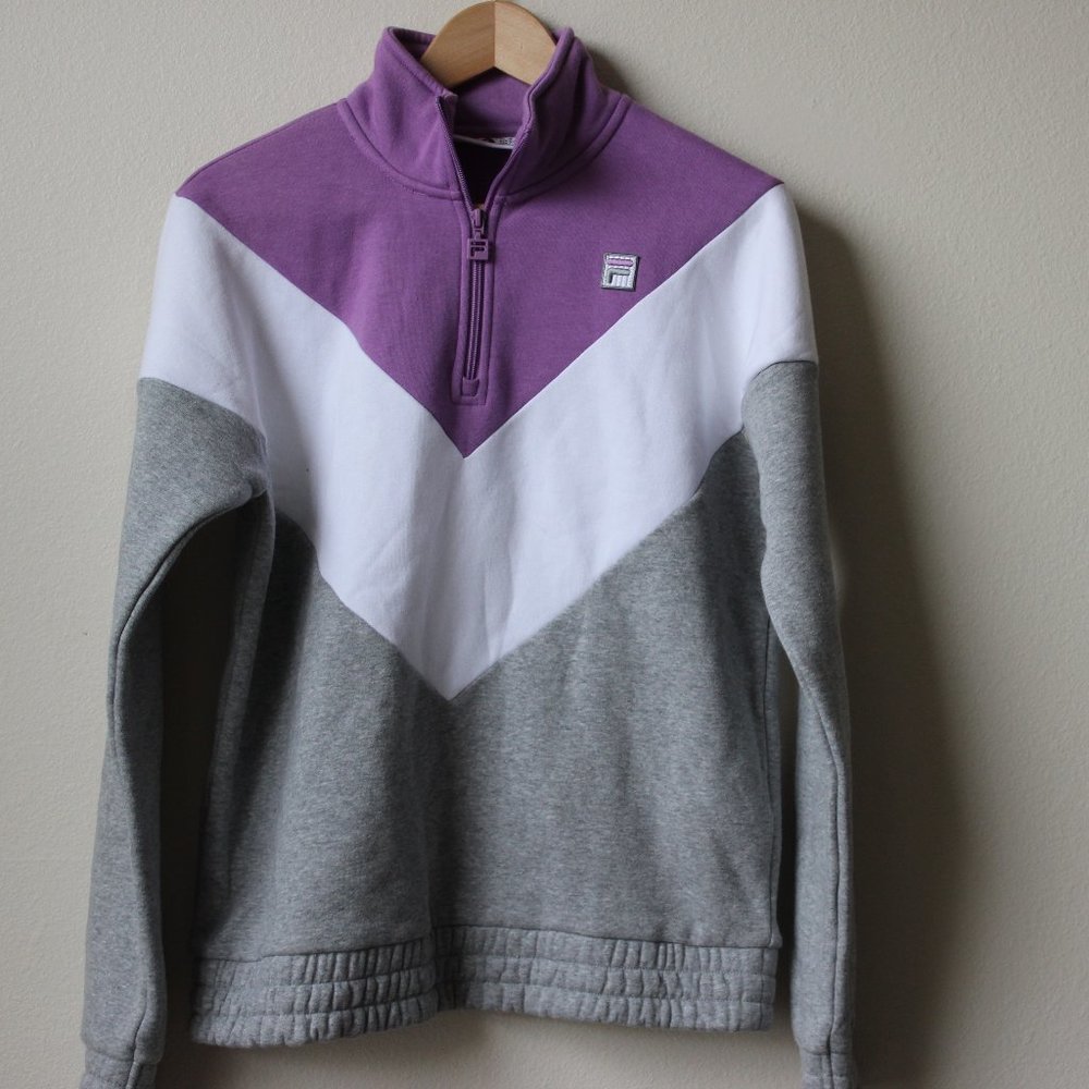 New FILA Chevron Pullover 1/4 Zip Sweatshirt Color Block Lavender Gray White Med